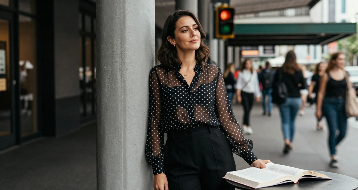 A blissful Female From Australia, trained in photography and visual arts in their 46, sharing elegant fashion tips for the office, wearing a sheer polka dot blouse and black trousers, waiting for a light to change in a cinema entrance.