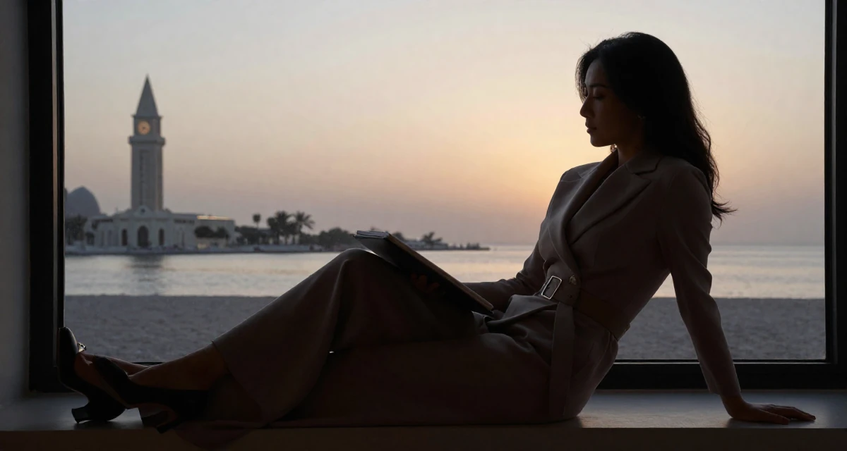 A elegant Female From Qatar, majored in media production and editing in their 48, reviewing luxury travel destinations, wearing a fitted waist coat and wide leg trousers, holding a notebook in a sunset beach.