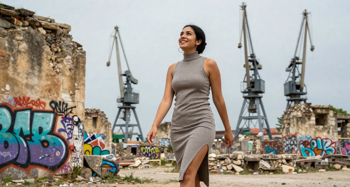 A relaxed and happy Female Born overseas, studied communication studies in their 25, learning to deal with unsolicited feedback online, wearing a sleeveless turtleneck dress with high side slits, looking up at the sky in a ancient stone ruins.