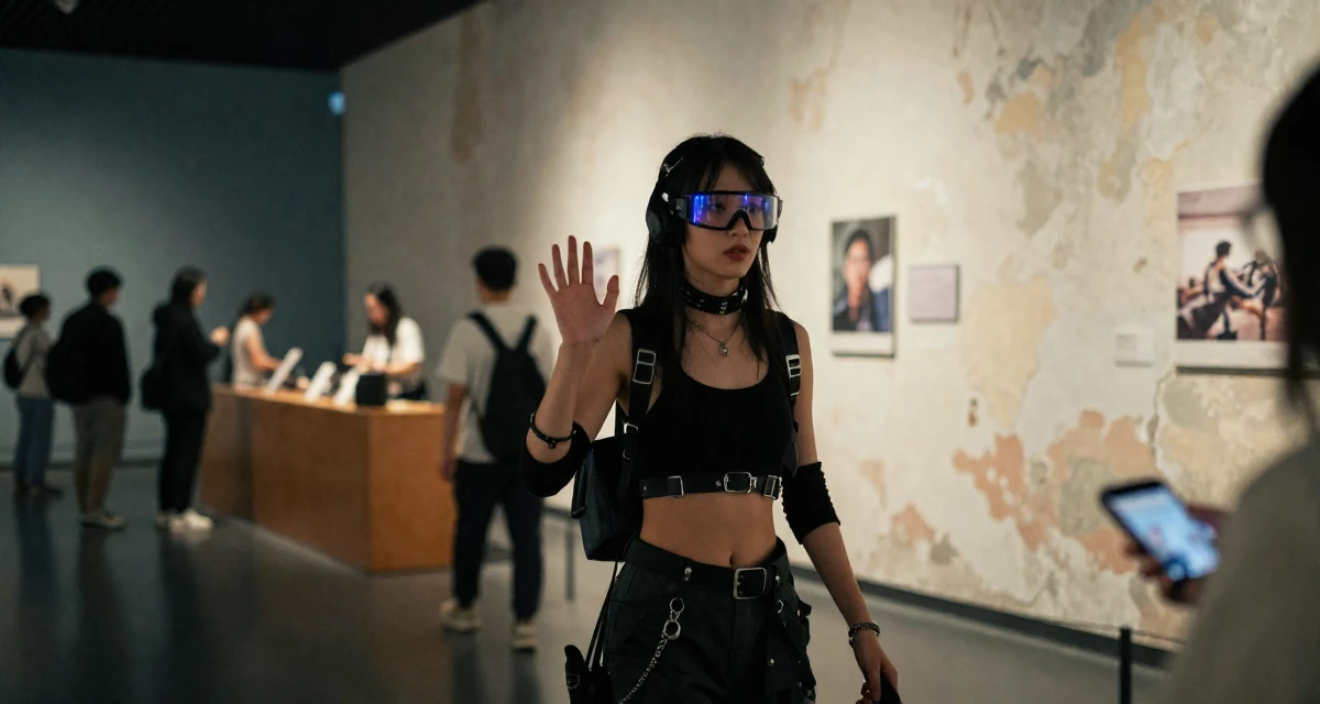 A magnetic Female From Hangzhou China, majored in visual arts in their 25, figuring out boundaries while trying small photo sets, wearing a cyberpunk hacker outfit with oversized tech glasses, waving to someone in a museum exhibit.