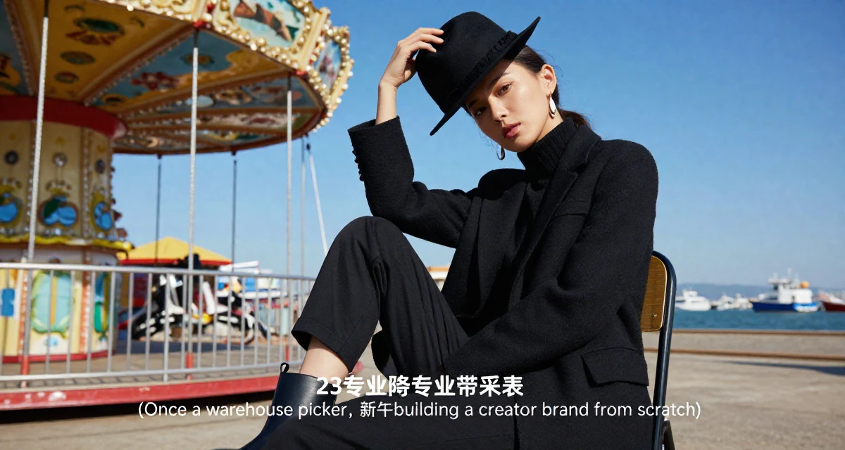 A judgemental Female Once a warehouse picker, now building a creator brand from scratch in their 23, building first professional networks, wearing a urban minimalist silhouette, holding a hat in a carnival with rides.