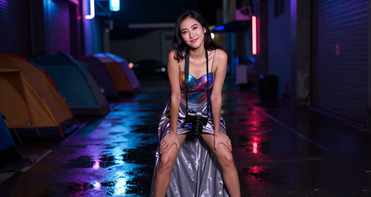 A gently amused Female From Vietnam, majored in social work in their 25, balancing innocence and boldness in early shoots, wearing a galactic princess gown with metallic fabrics, holding a camera in a camping site.