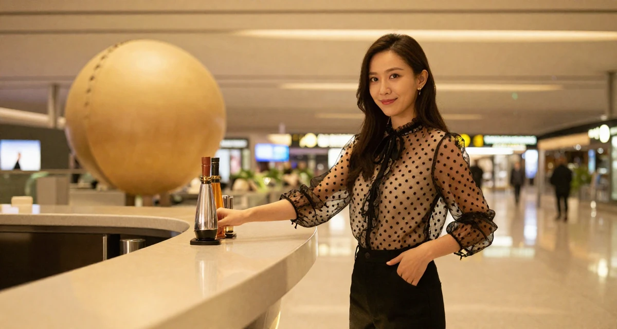 A amused Female Previously a bartender, now expressing nightlife energy through content in their 29, solidifying professional reputation, wearing a sheer polka dot blouse and black trousers, reaching for a pocket in a airport terminal.