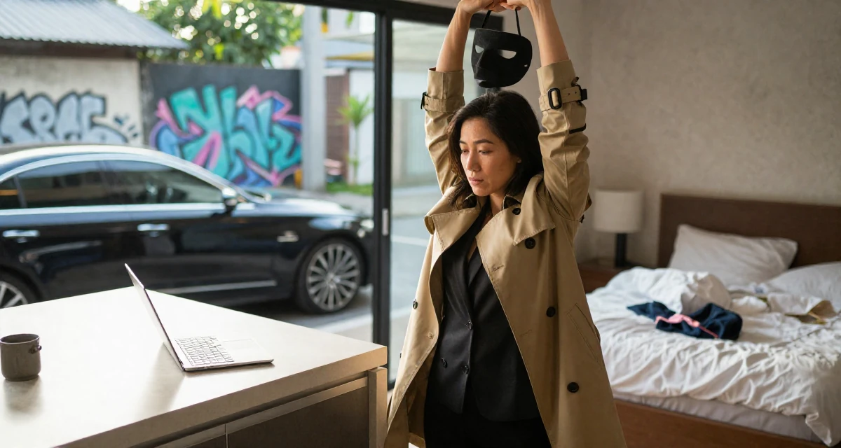 A fragile Female From Chiang Mai Thailand, majored in creative writing in their 48, preparing for long-term financial planning, wearing a classic trench coat worn over a business dress, holding a mask (cosplay/prop) in a sunlit kitchen island.