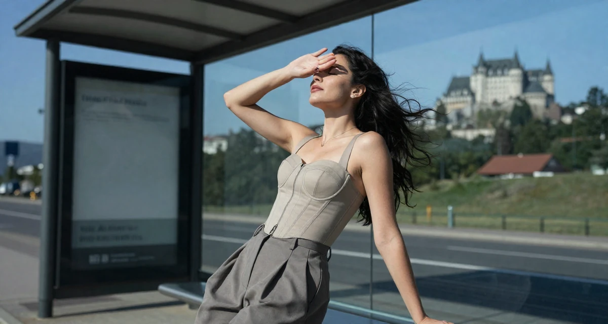 A curious and focused Female Once a barista, now a full-time creator leaning into aesthetic storytelling in their 44, proud of professional achievements and growth, wearing a corset-style top and wide-leg trousers, covering eyes from the sun in a bus stop.