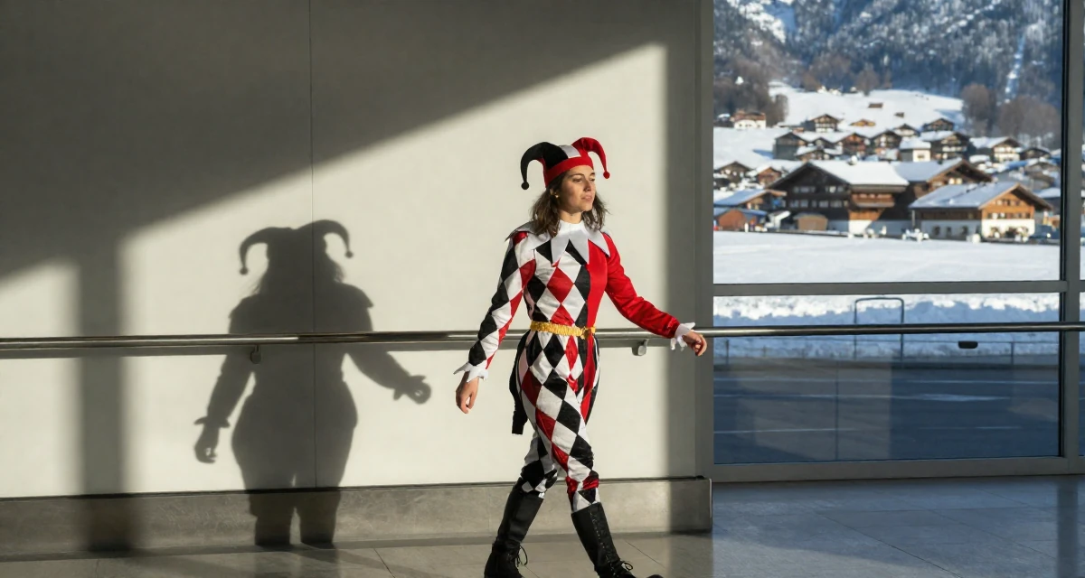 A relaxed Female From Portugal, studied marine sciences in their 31, recently paid off student loans, wearing a harlequin jester costume with a diamond pattern, grabbing a railing for support in a airport terminal.