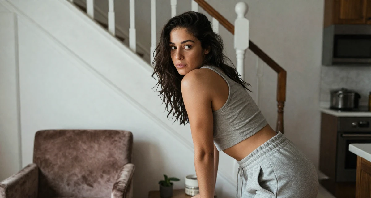 A mysterious Female From USA, studied psychology and human behavior in their 23, seeking spiritual grounding amidst chaos, wearing a cropped tank top and low-waisted sweatpants, glancing over the shoulder in a rustic kitchen.