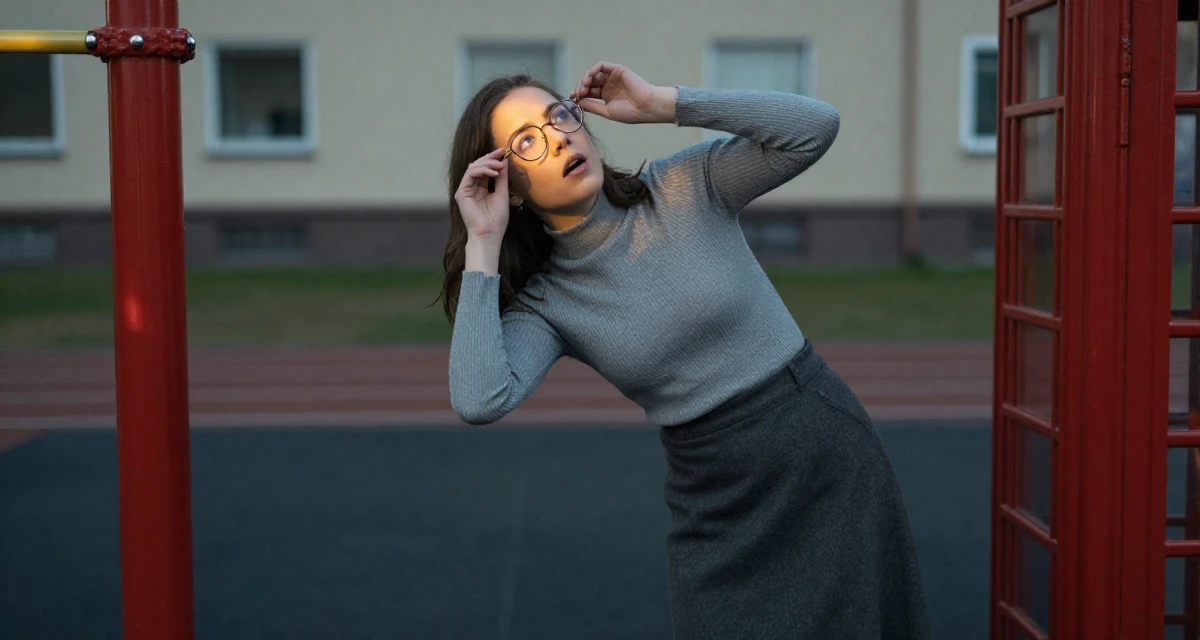 A awestruck Female From Finland, based in Espoo, graduated from a design institute majoring in atmospheric lighting arts in their 25, discovering the mental toll of constant visibility, wearing a ribbed mock neck top and a long wool skirt, adjusting glasses in a school playground.