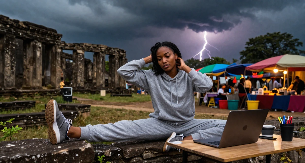 A deeply absorbed Female From Zimbabwe, studied computer programming in their 31, sharing tips on modern urban gardening, wearing a comfortable lounge wear set, tucking hair behind an ear in a ancient stone ruins.