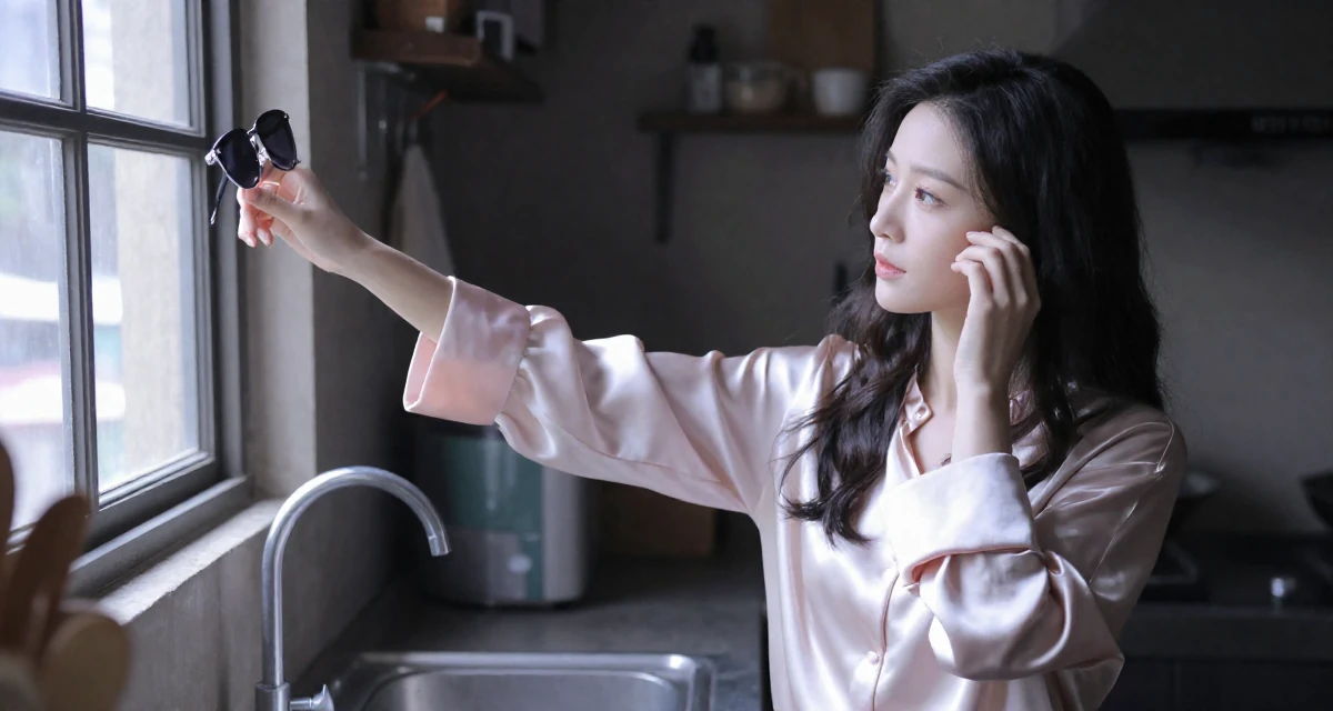 A bewitching Female From Shanghai China, majored in journalism in their 25, pushing through rejection from collab requests, wearing a silk blouse with oversized cuffs, putting on sunglasses in a rustic kitchen.