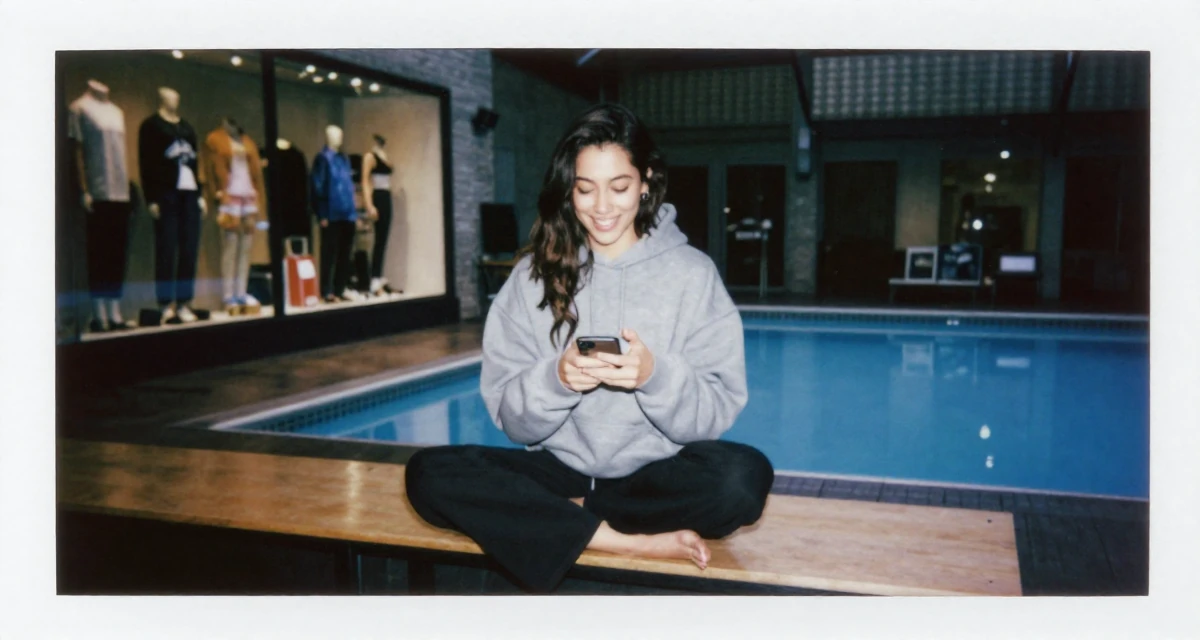 A delighted Female From New York USA, learned editorial posing through fashion internships in their 39, sharing meditation and stress-relief techniques, wearing a trendy oversized hoodie, texting with both thumbs in a theater stage.