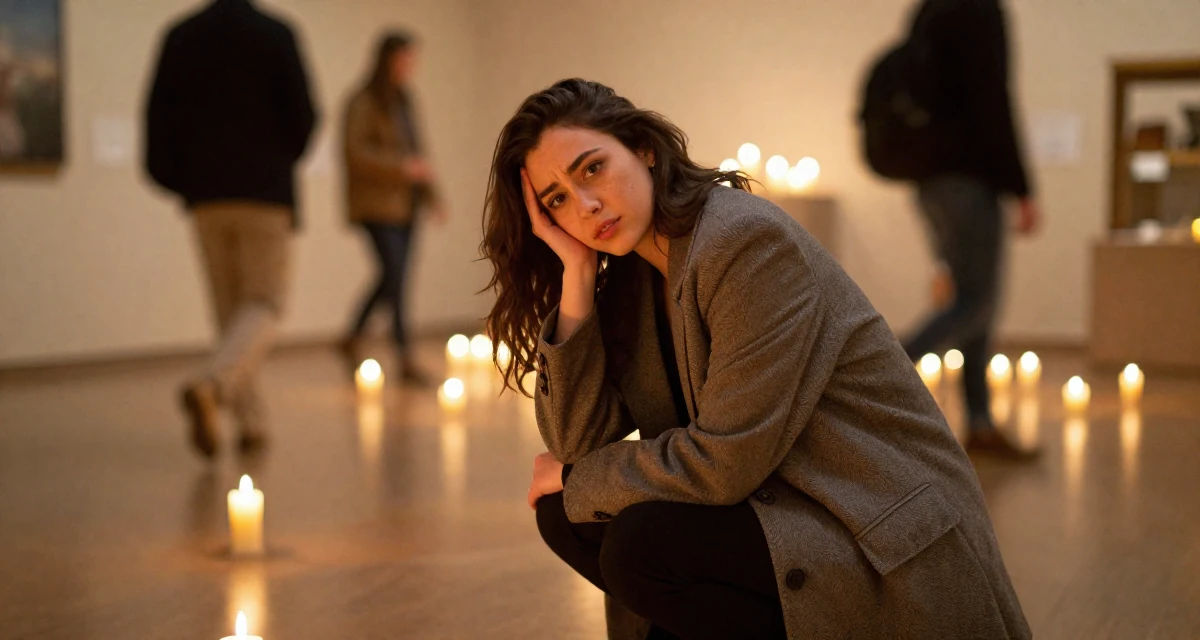 A bewitching Female From United States, majored in forestry studies in their 23, feeling pressure to figure life out quickly, wearing a oversized blazer draped over the shoulders, leaning head on a hand in a museum exhibit.