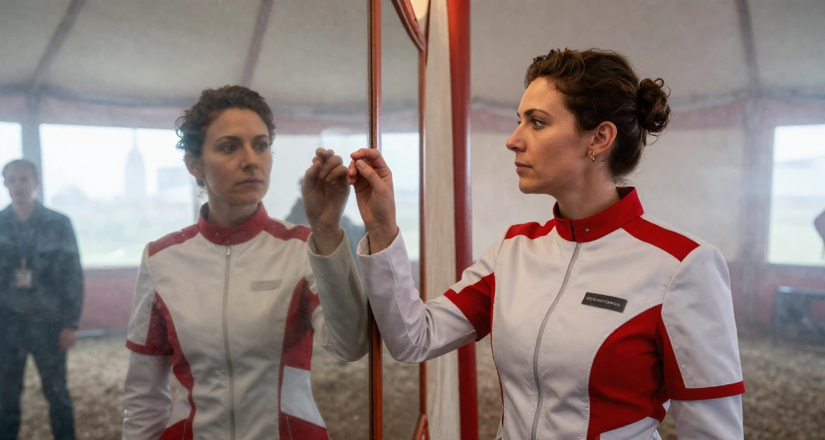 A pensive Female From Belgium, majored in political science in their 25, building long-term loyalty with core subscribers, wearing a futuristic medic uniform with white and red details, picking something up in a circus tent interior.