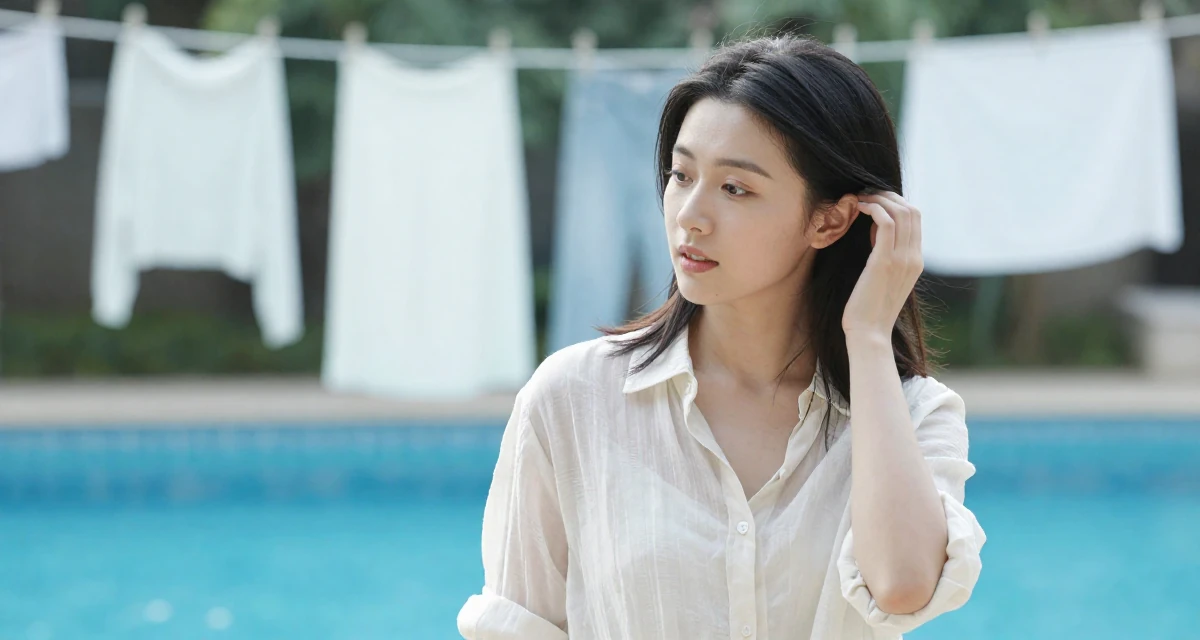 A open and honest Female From Wuhan China, learned social media branding through indie projects in their 21, seeking deeper connections beyond small talk, wearing a lightweight chiffon blouse slightly unbuttoned, rolling up sleeves in a swimming pool.