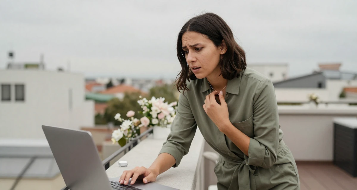 A vulnerable Female Former spa receptionist, now blending beauty with calm-aesthetic content in their 22, learning how to communicate professionally, wearing a muted olive green tones, touching a necklace in a rooftop terrace.