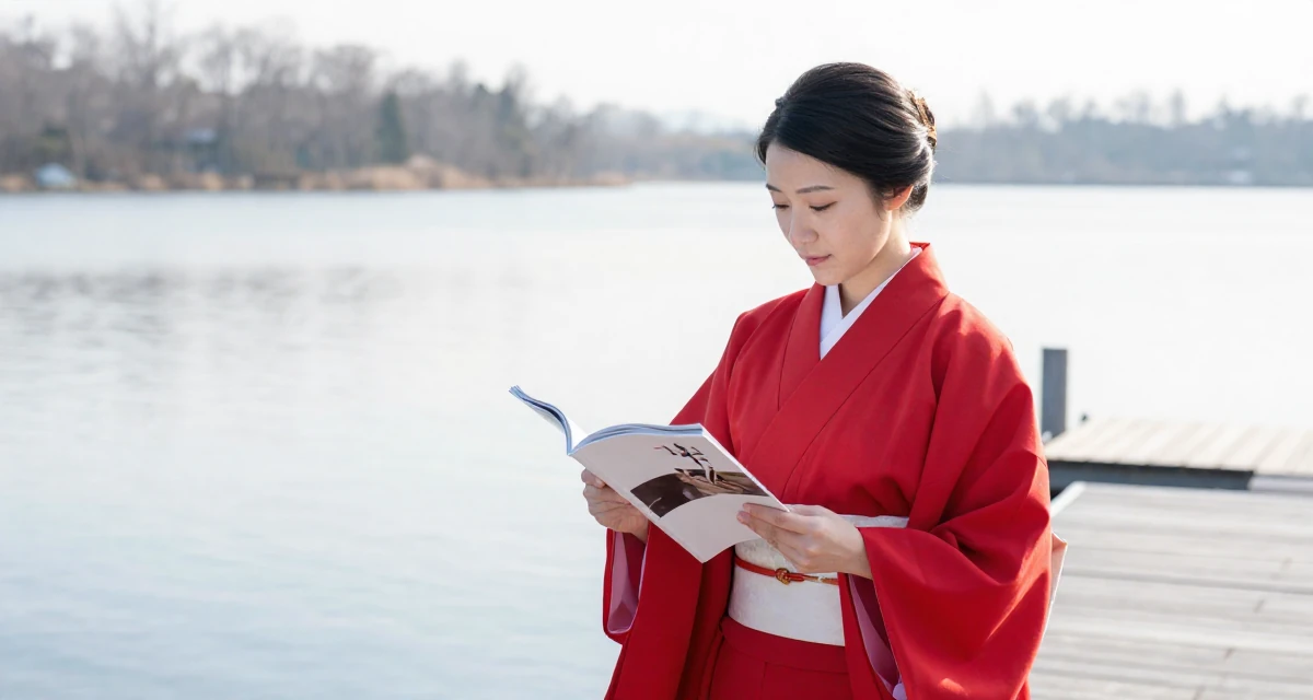 A relieved Female Raised in Canada, majored in fine arts in their 24, cutting off toxic relationships without guilt, wearing a traditional Japanese miko priestess robe in red and white, flipping through a magazine in a serene lakeside dock.