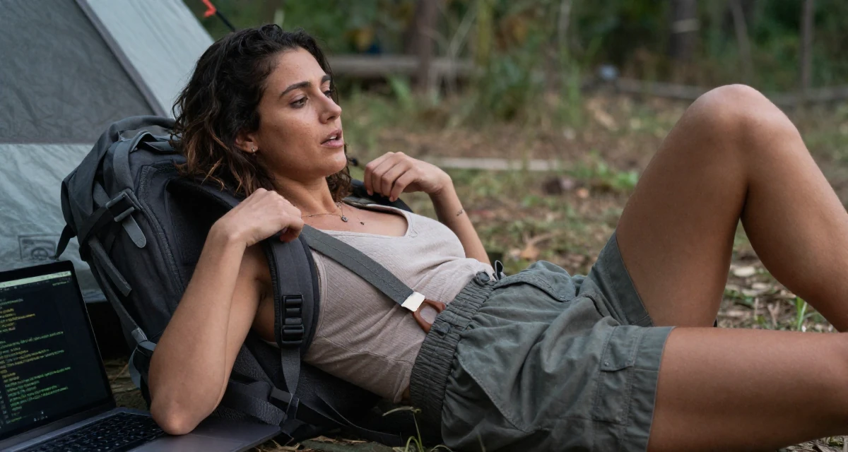 A eager Female Once a biology student, now exploring sensual posing as art in their 28, realizing rebranding is emotionally draining, wearing a high-waisted skirt with suspenders and a shirt, adjusting a backpack strap in a camping site.