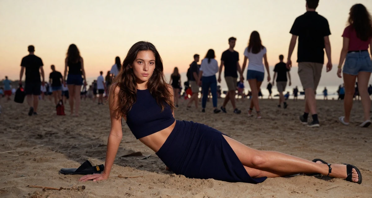 A self-assured Female Former firefighter trainee, now producing strength-based content in their 20, navigating the chaos of freshman year university life, wearing a long pencil skirt with a high side slit, dangling a shoe from one foot in a sunset beach.