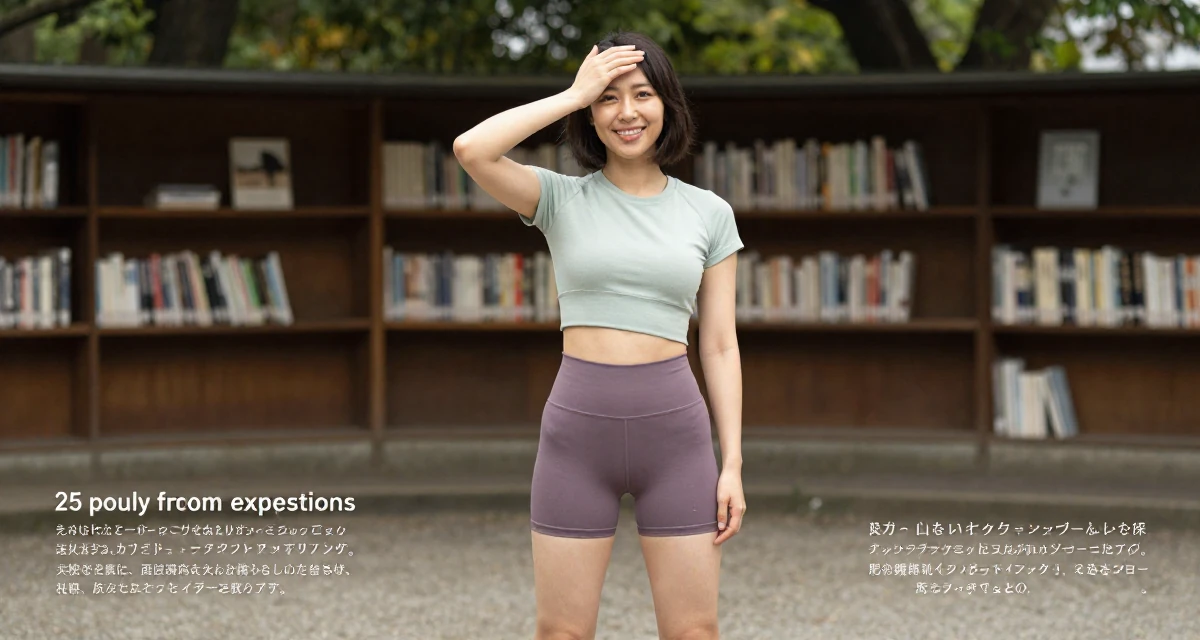 A warm and welcoming Female From Kyoto Japan, practiced artistic nude photography as self-expression in their 25, handling pressure from family expectations, wearing a cropped gym top and high-cut running shorts, resting a hand on the forehead in a quiet park.