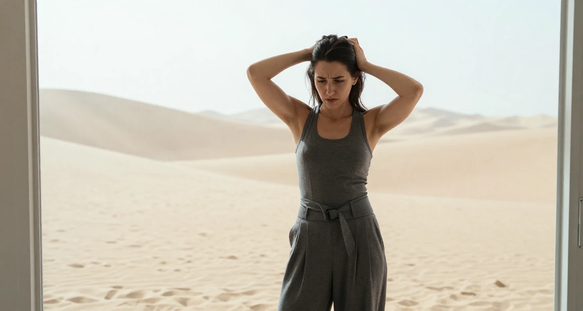 A resilient Female Former personal trainer, now documenting transformation journeys for fans in their 25, worrying about being judged by classmates, wearing a fitted waist coat and wide leg trousers, inspecting an object in a desert sand dunes.