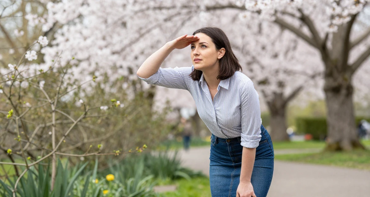A focused Female From Birmingham United Kingdom, holds a degree in economics in their 25, treating sensual creativity as a serious artistic craft, wearing a striped button-down shirt tucked into a denim pencil skirt, shading eyes from the sun in a cherry blossom park.