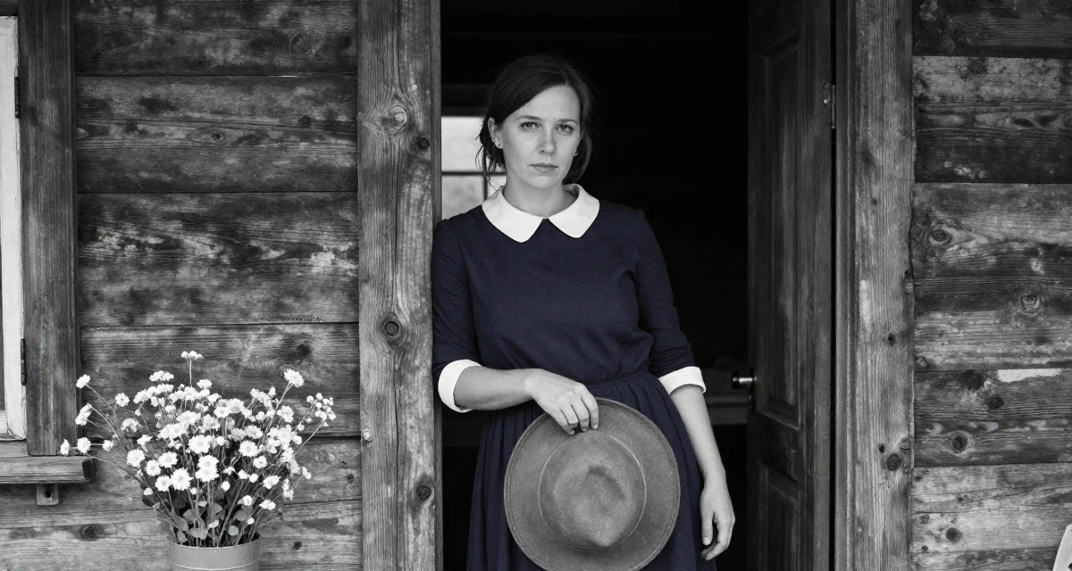 A cold and distant Female Once an art school dropout, now a self-taught creator with signature style in their 43, passionate about organic gardening and cooking, wearing a navy blue dress with white collar and cuffs, holding a hat in a rustic wooden cabin interior.