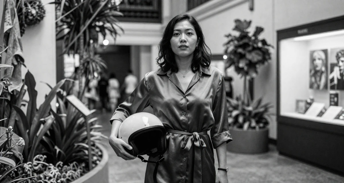 A glowing Female From Penang Malaysia, explored sensual storytelling through dance videos in their 25, calculating every purchase because income is unstable, wearing a silk shirt dress with a tie waist, holding a helmet in a museum exhibit.