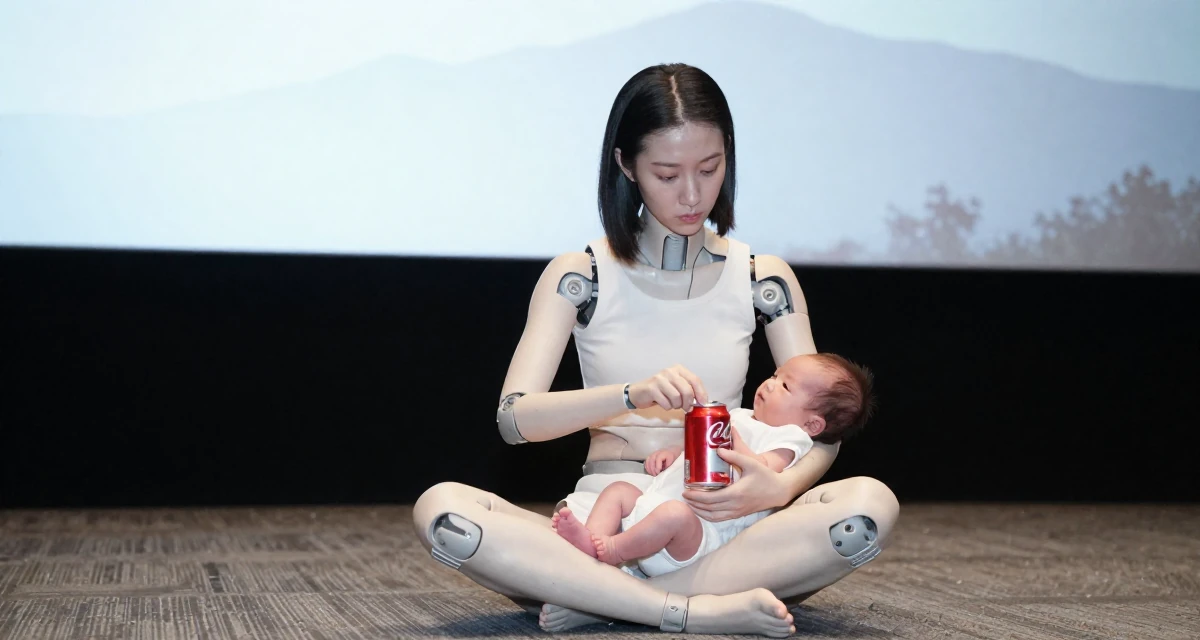 A unimpressed Female From Hong Kong, trained in contemporary dance and visual expression in their 35, caring for a newborn, wearing a cybernetic doll outfit with porcelain-like skin textures, opening a soda can in a cinema lobby.