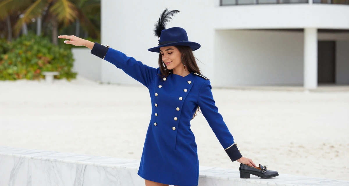 A satisfied Female Once a digital-marketing intern, now running her own creator brand in their 23, balancing vulnerability and professionalism, wearing a royal musketeer tunic with a feathered hat, looking down at shoes in a tropical white sand beach.