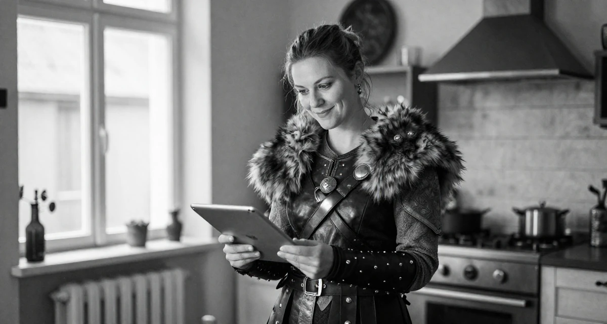 A satisfied Female From Hamburg Germany, majored in sociology in their 25, establishing a distinct personal brand, wearing a viking shield-maiden outfit with fur and leather, holding a tablet in a rustic kitchen.
