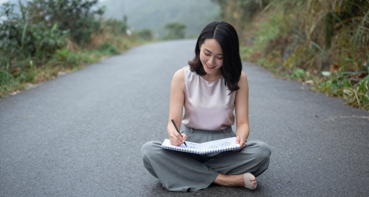 A cheerful Female Raised in Vietnam, studied digital illustration in their 31, teaching photography and editing skills, wearing a sleeveless silk top and a high-waisted skirt, sketching on a pad in a mountain trail.