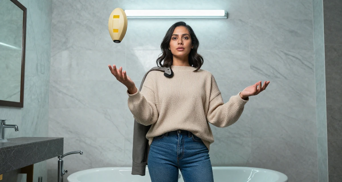 A ambitious Female From Indonesia, based in Bali, graduated from an arts institute majoring in expressive digital portraits in their 43, juggling two jobs, wearing a oversized beige sweater and jeans, holding a jacket over a shoulder in a marble bathroom with a tub.