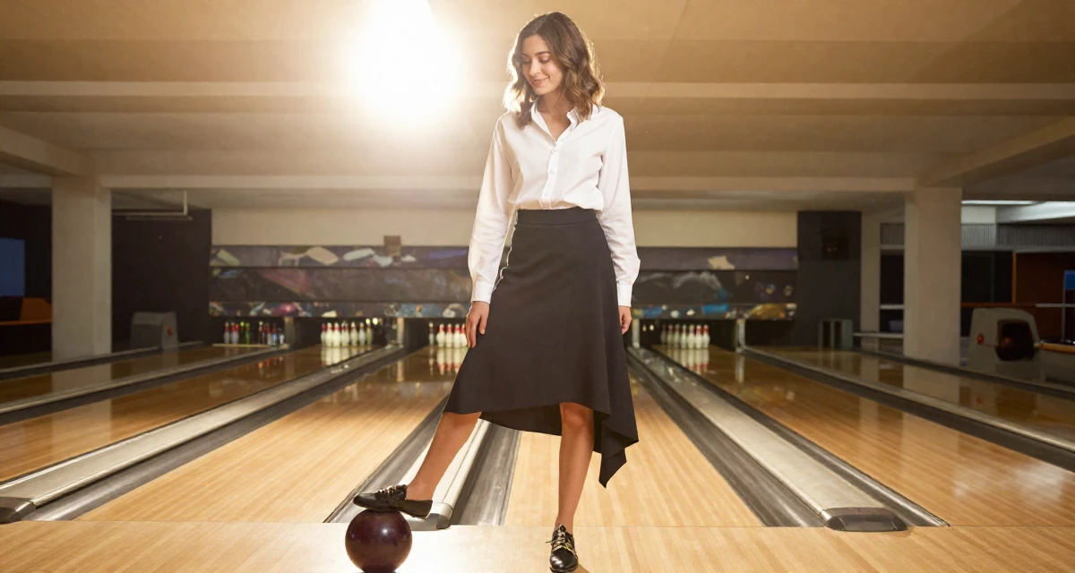 A smiling gently Female From France, studied fashion design in their 25, exploring soft-glam looks to elevate content quality, wearing a asymmetrical hem skirt and a crisp white shirt, tapping a foot in a bowling alley.