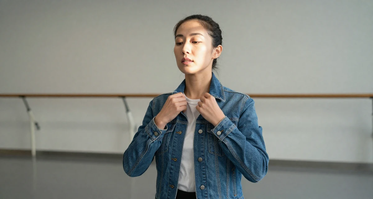 A alluring Female From Taiwan, studied visual communication design in their 43, balancing a demanding career with self-care, wearing a classic denim jacket and white tee, fixing a collar in a ballet studio.