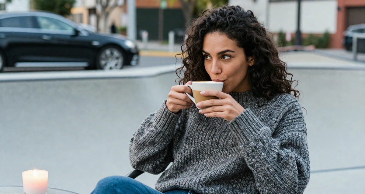 A lighthearted Female Raised in Mexico, majored in e-commerce management in their 23, feeling the thrill of posting a bold outfit for the first time, wearing a textured wool sweater, sipping a latte in a skate park.