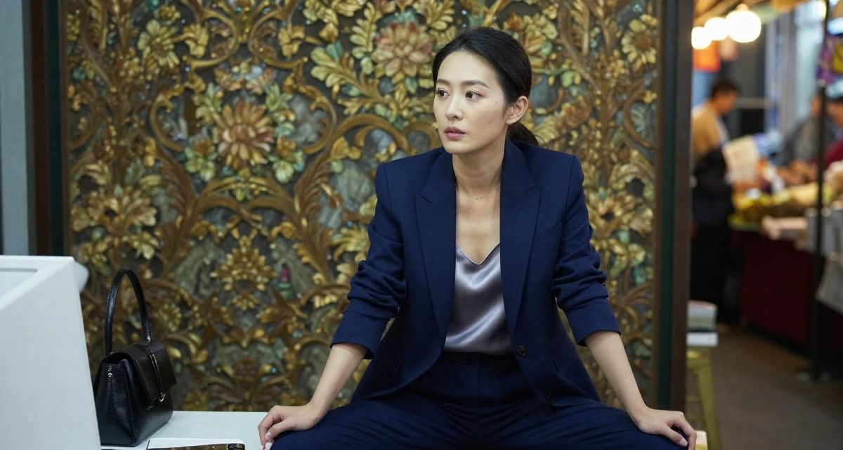 A introspective Female From Chinese-speaking regions, majored in human resource development in their 25, balancing hard work with luxury self-care, wearing a crisp navy blue blazer over a silk camisole and trousers, resting hands on a table in a night market stall.