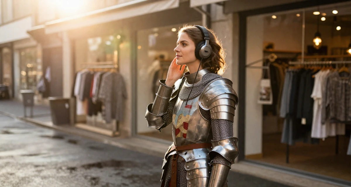 A tranquil Female Previous dental assistant, now exploring body-empowerment narratives in their 25, building long-term loyalty with core subscribers, wearing a female knight armor with a tabard and chainmail, listening to music with headphones in a clothing boutique.