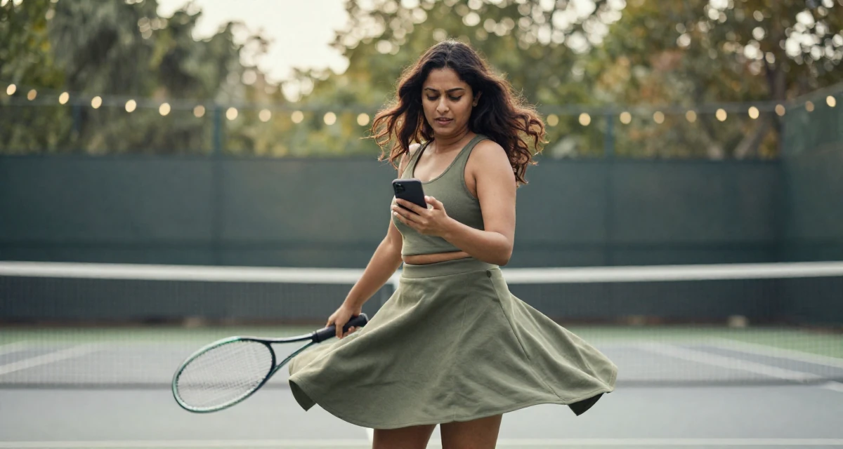 A ferocious Female Born in India, studied data analytics for media in their 25, learning lighting tricks that highlight sensual curves safely, wearing a muted olive green tones, checking a phone in a tennis court.