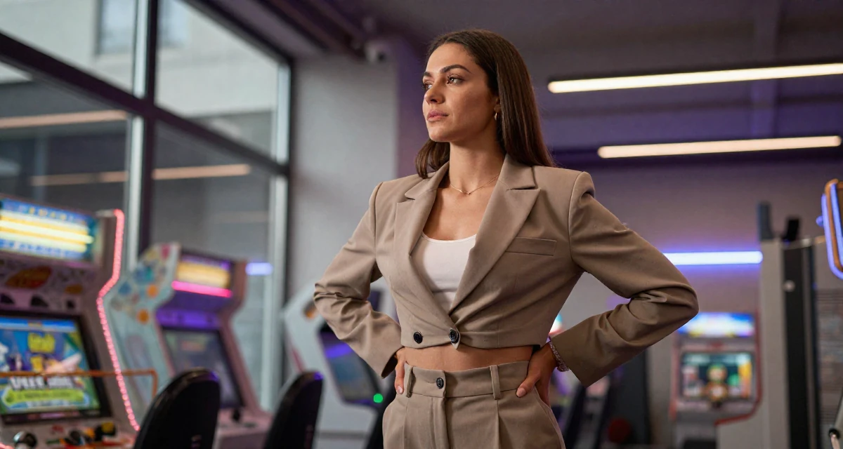 A dreamy Female From Munich Germany, studied fitness conditioning and physique training in their 23, radiating a quiet determination to succeed, wearing a cropped business jacket and high-waisted pants, smoothing down a dress in a arcade room with neon lights.