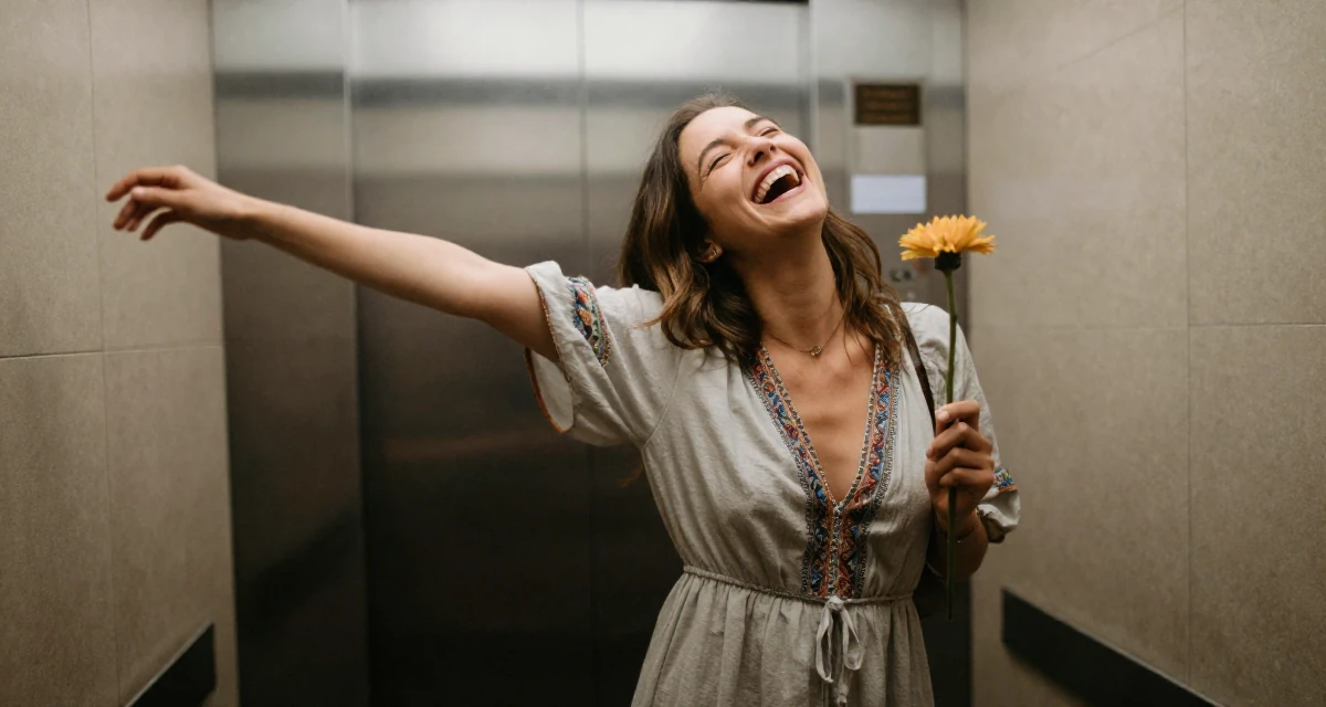 A vulnerable Female Former sales rep, now leveraging charisma for digital storytelling in their 21, laughing openly with head thrown back, wearing a relaxed bohemian style dress, holding a single flower in a elevator hall.