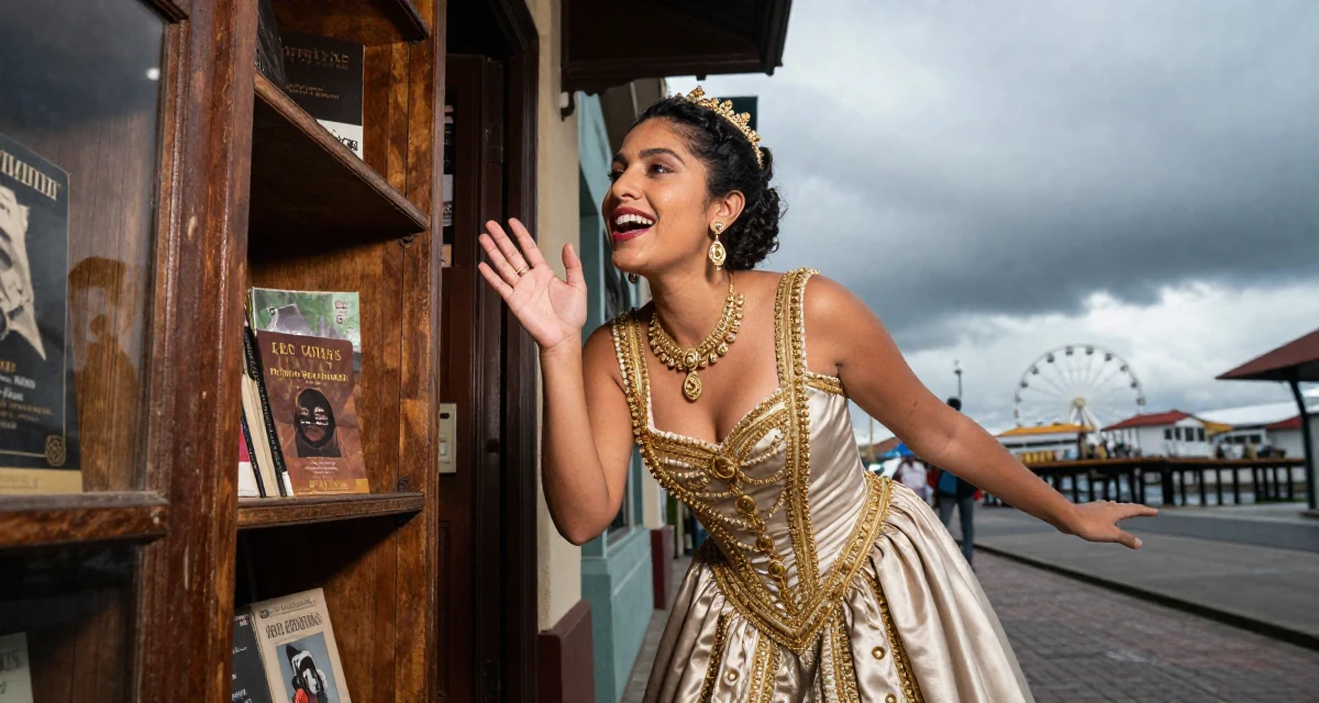 A cheerful Female From Colombia, has a background in performing arts in their 23, building content while fighting the urge to quit every week, wearing a regal empress gown with heavy silk and jewelry, playing with a ring on a finger in a vintage bookstore.