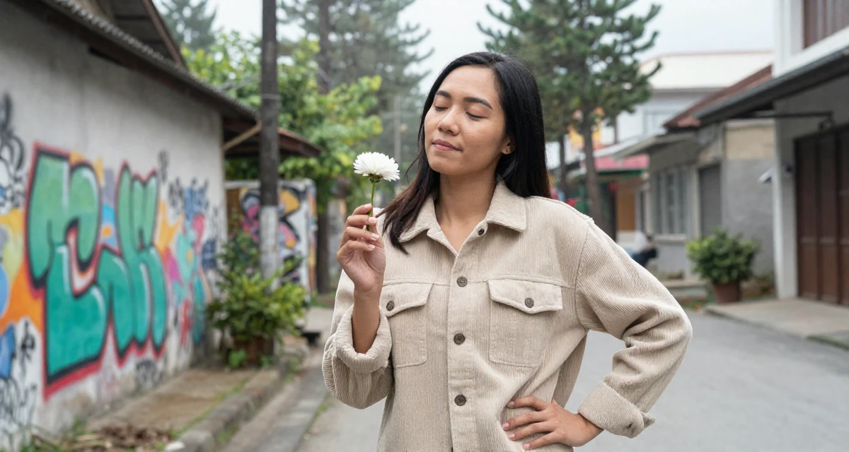 A contented Female From Thailand, based in Chiang Mai, graduated from a regional college majoring in content production in their 43, balancing a demanding career with self-care, wearing a soft texture corduroy jacket, holding a single flower in a quaint European street.