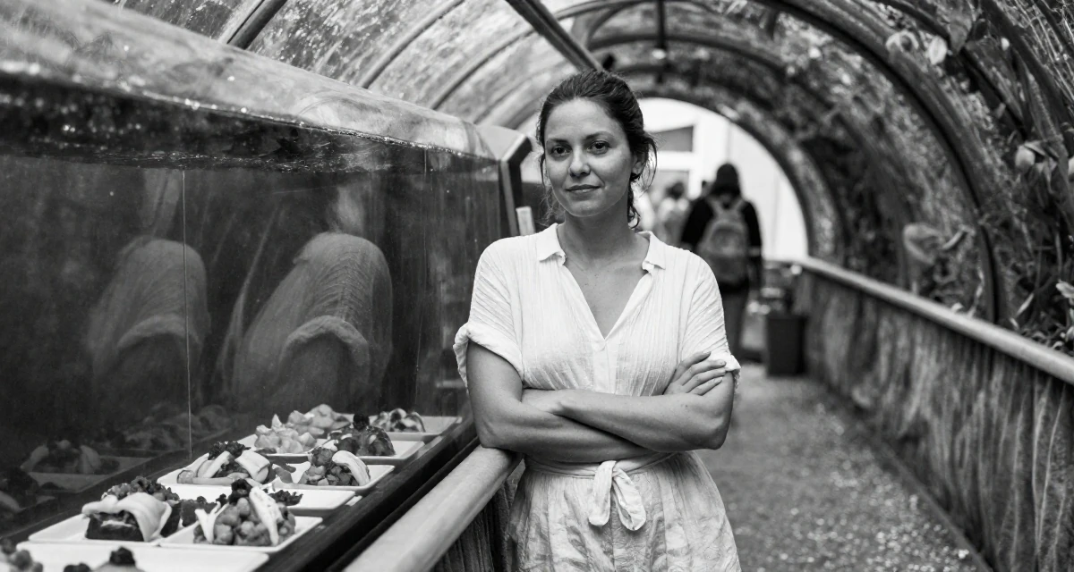 A subtly confident Female From Prague Czech Republic, explored intimate photography as art in their 31, learning to cook gourmet meals at home, wearing a breezy summer vacation outfit, leaning on a railing in a aquarium tunnel.