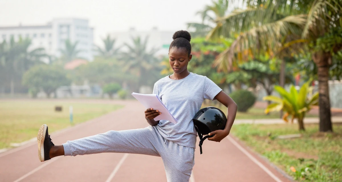 A witty Female From Nigeria, majored in business communication in their 23, fighting algorithm despair while submitting homework, wearing a comfortable lounge wear set, holding a helmet in a running track.