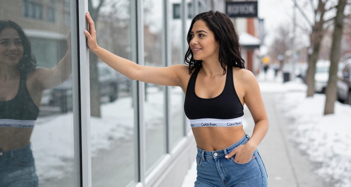 A radiant Female From Canada, based in Montreal, graduated from a design program majoring in intimate visual arts in their 27, dealing with pressure to constantly upgrade quality, wearing a classic calvin klein style sports bra and jeans, sliding a hand into a pocket in a snowy sidewalk.