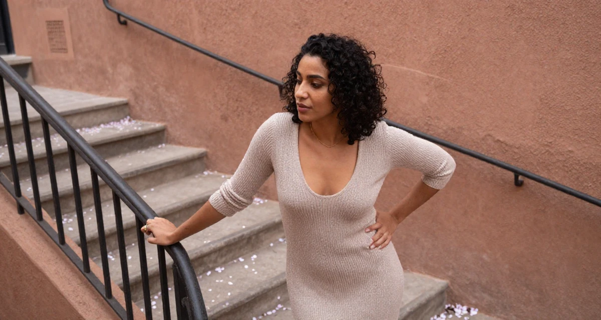 A harmonious male From Morocco, based in Casablanca, graduated from a cultural college majoring in expressive movement studies in their 23, exploring feminine power through suggestive styling, wearing a soft knit dress with a plunging neckline, holding a railing in a winding staircase.