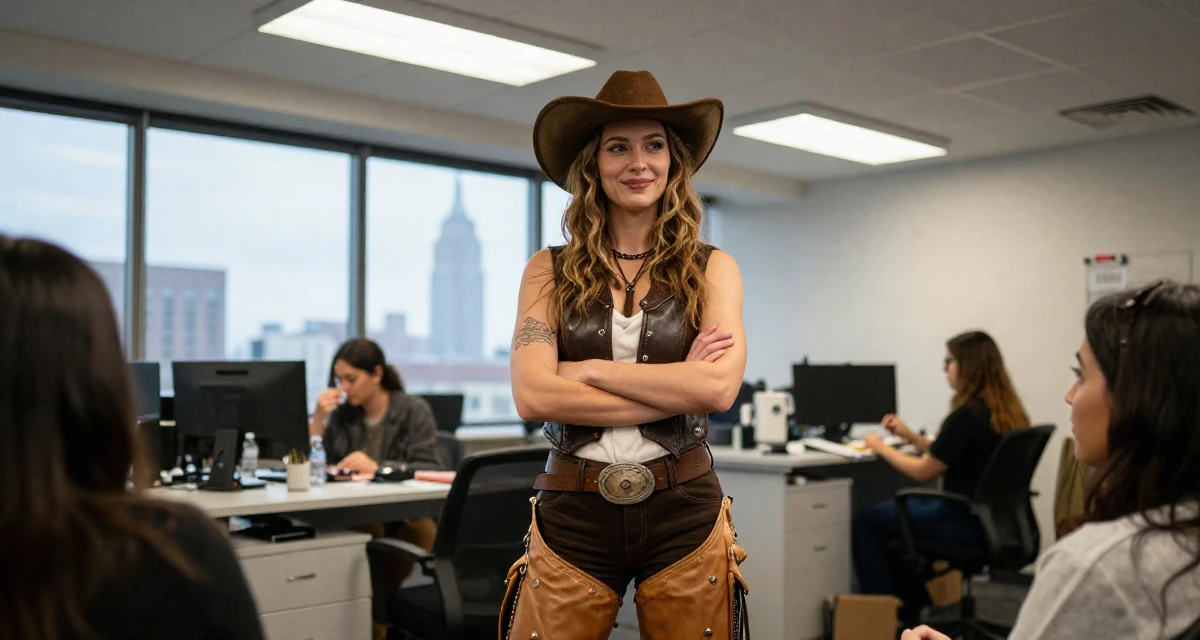 A charming Female Once a makeup counter employee, now teaching glam techniques to fans in their 24, understanding long-term consequences of choices, wearing a wild west cowgirl outfit with chaps and a hat, crossing arms confidently in a high-rise office building.