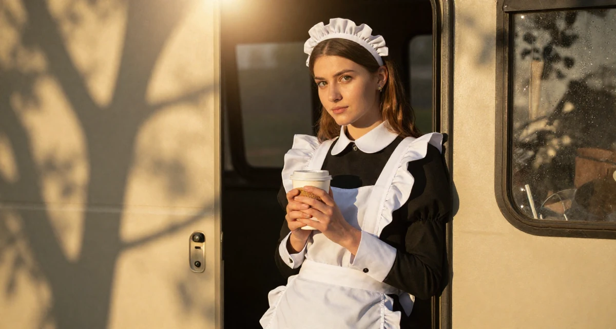 A composed Female From Russia, studied digital media at a vocational school in their 25, struggling to stay consistent during exams, wearing a maid outfit with a white apron and ruffled headband, holding a cup of coffee in a camping site.
