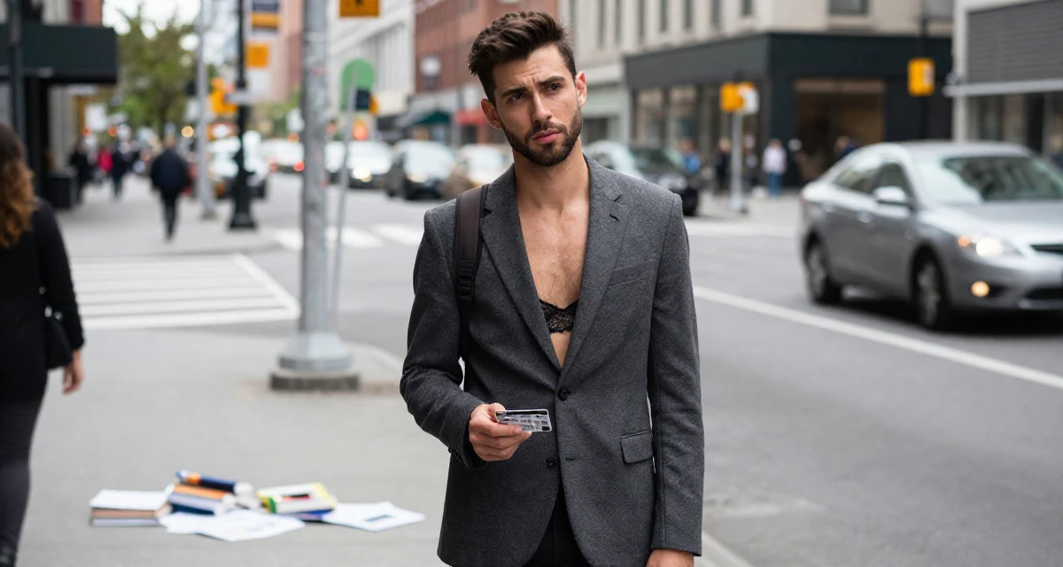 A disinterested male From Toronto Canada, studied criminology in their 27, recovering from hustle culture fatigue, wearing a fitted blazer with nothing underneath but a lace bra (hinted), holding a subway card in a city sidewalk.