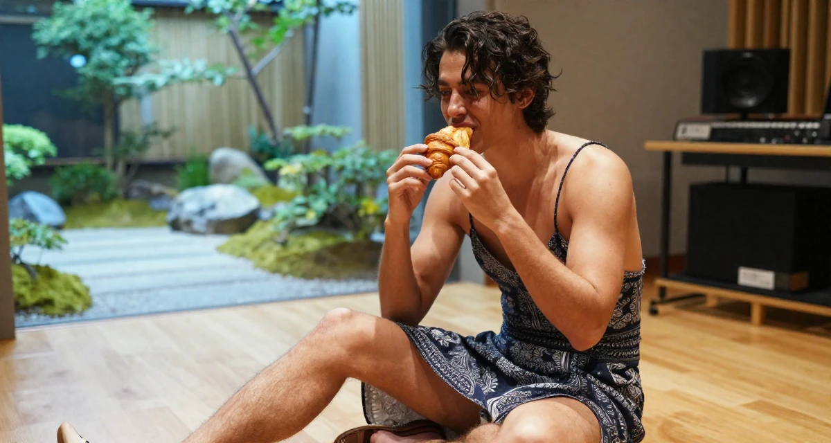A gentle and kind male Previously a construction worker, now documenting strength-expressive lifestyle in their 23, feeling the thrill of posting a bold outfit for the first time, wearing a spaghetti strap summer dress with a high slit, eating a croissant in a music recording studio.